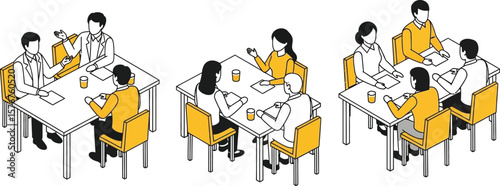 Isometric illustration of business meetings with people at tables