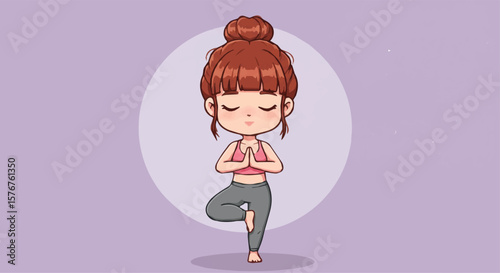 Cute Cartoon Woman Practicing Yoga Tree Pose