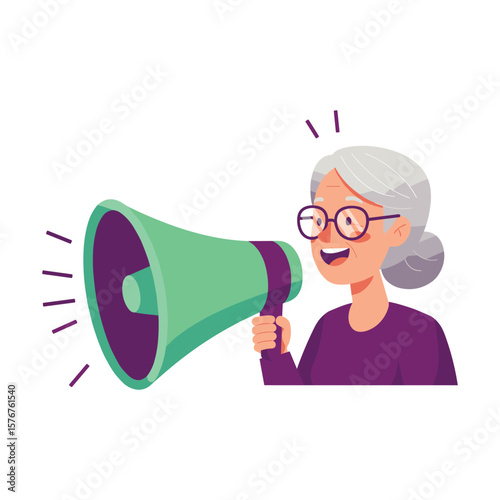 Animated Senior Woman with Glasses Enthusiastically Using a Megaphone