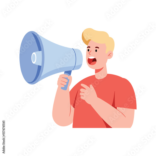 Blond Man in Red Shirt Shouting into a Blue Megaphone