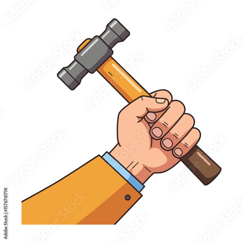 Hand Firmly Gripping a Hammer with Orange Handle and Gray Head