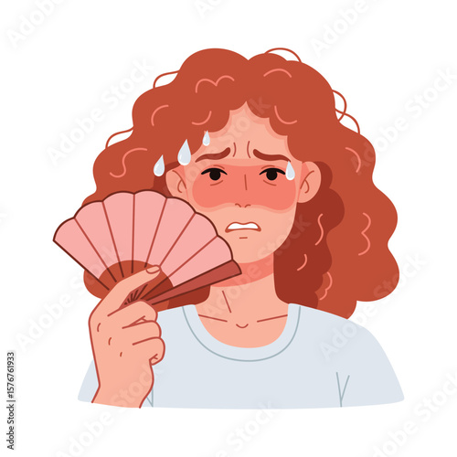 Overheated Redhead Woman Fans Herself with Handheld Fan