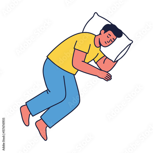 Peaceful Sleeping Man in Yellow Shirt and Blue Pants with Pillow