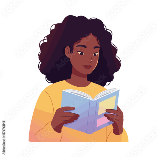 Young Woman with Curly Hair Immersed in Reading a Book