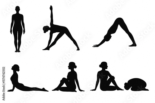 This elegant silhouette set features six women in yoga poses, including mountain, warrior, downward dog, and seated twists. Perfect for yoga, wellness, fitness, and meditation themes. Ideal for health