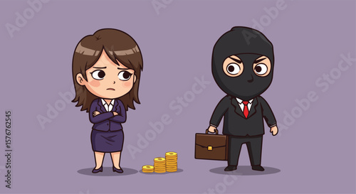  Businesswoman Facing a Thief with Stolen Money