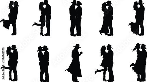 Silhouette of cowboy couples in romantic poses, kissing, hugging, and embracing, western love concept illustration on white background vector