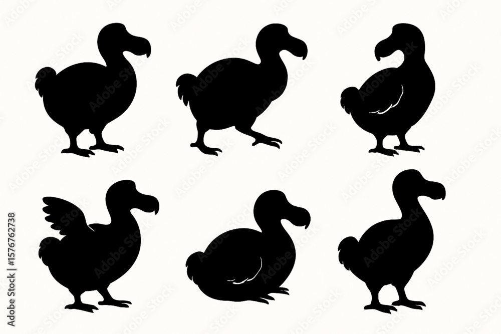 Obraz premium This unique silhouette set features six dodo birds in various poses, including standing and sitting. Perfect for wildlife, extinct species, nature, and education themes. Ideal for animal art, history 