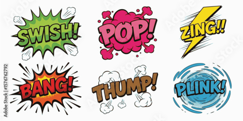 A collection of various comic book sound effect words, including "SWISH," "POP," and "ZING".