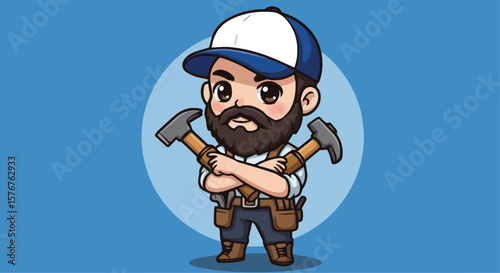 Strong Bearded Handyman or Carpenter Holding Two Sledgehammers