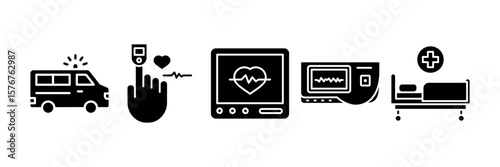 Critical Care Icon Set Multiple Style Collection, Containing design Ambulance, Pulse Oximeter, Ekg Monitor, ECG, Hospital