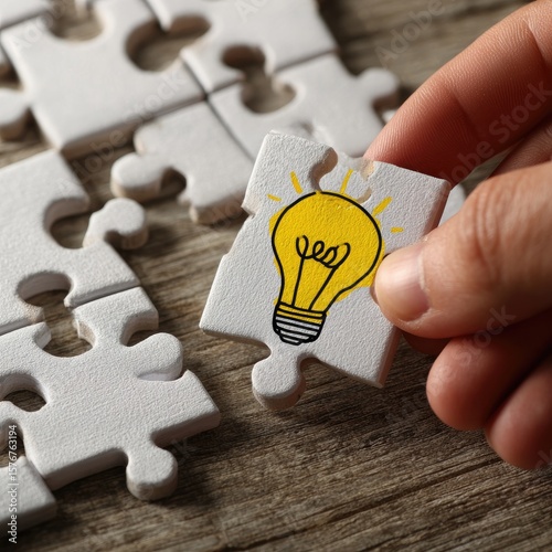 Hand holds a puzzle piece with a lightbulb graphic;  a jumbled pile of puzzle pieces behind it