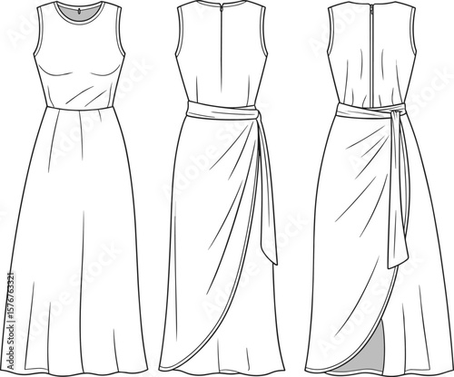 sleeveless maxi dress cad drawing flat vector illustration, featuring front and back technical sketch with draped wrap skirt and waist tie detail.