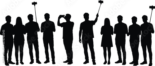Silhouette group of people taking selfies, using smartphones and selfie sticks, modern lifestyle, digital interaction, tourism, social media moment