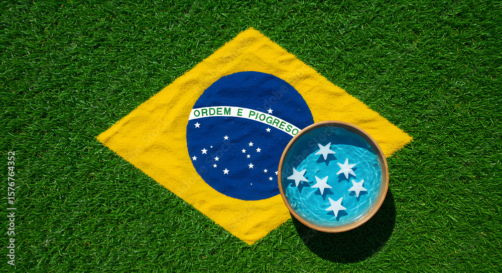Fototapeta premium The national flag of Brazil, featuring a green field with a yellow diamond and a blue globe containing stars and the motto