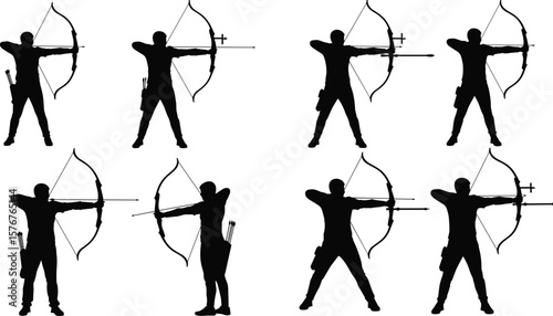Silhouette collection of archers drawing bows, aiming arrows, isolated vector illustrations, archery sports concept, focus, target, competition stance