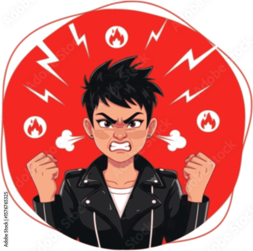 An illustration of an angry man with fiery red hair, showing intense rage or power.