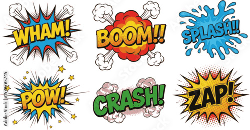 A collection of various comic book sound effect words, including "BOOM," "CRASH," and "ZAP".