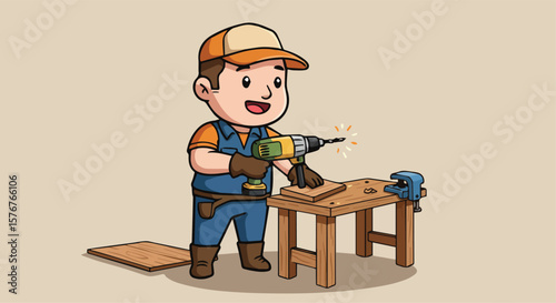 Cartoon Carpenter or Handyman Drilling Wood with Tool