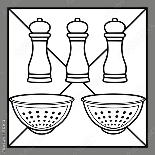 Three pepper grinders and two colanders salt grinders kitchen tools