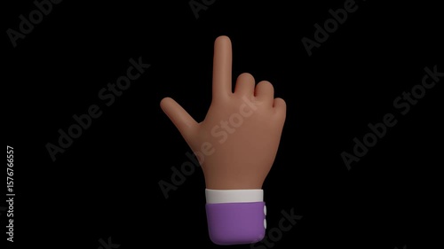 Seamless 4K loop of black skin pointing up hand in purple sleeve. 3D emoji cartoon animation render with alpha transparent background