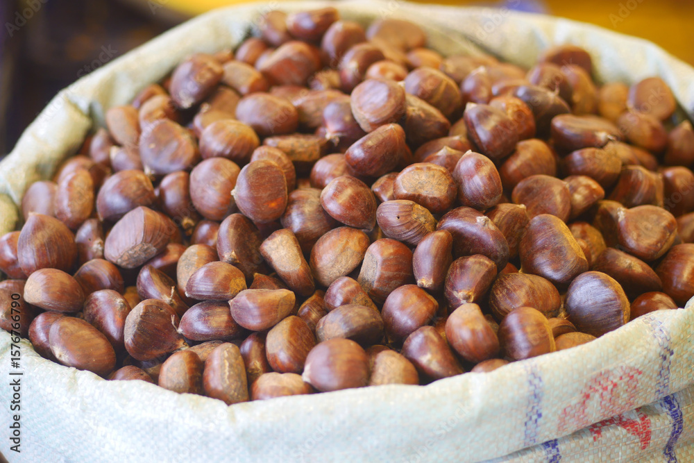 Fototapeta premium Freshly harvested chestnuts in a burlap sack