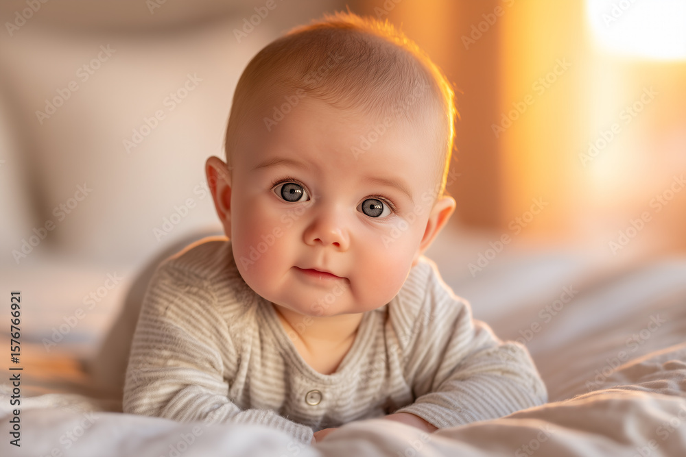 Baby Crawling on Bed with Soft Lighting and Gentle Reflection in Background Baby Crawling on Bed with Soft Lighting and Gentle Reflection in Background