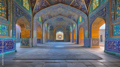 Majestic Iranian Mosque: Azure Tiles & Golden Arches, Breathtaking Interior Architecture