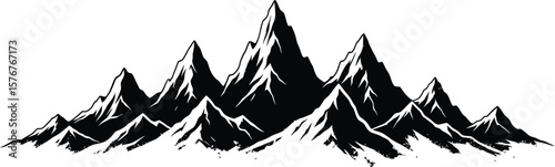 A black and white illustration of a mountain range with sharp peaks