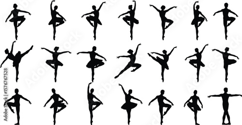 Ballet dancer silhouette vector collection, graceful ballerina poses, classical dance figure, performance clipart for artistic, elegant, dance-related design use