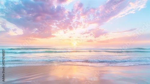 Soft pastel sunset painting the sky over a calm ocean beach  with gentle waves lapping the shore. The sky blends hues of pink  blue  and purple  while the water mirrors the serene colors  