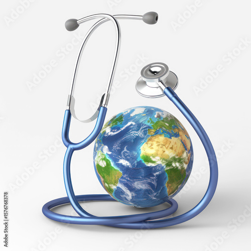 A stethoscope with a globe wrapped around it, symbolizing global health and medicine.