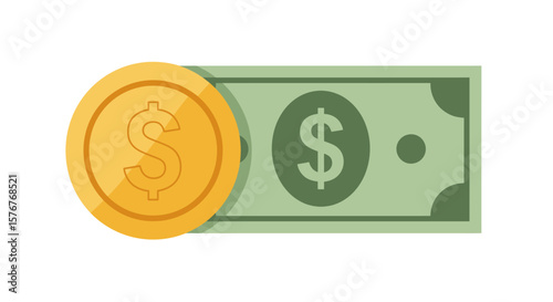 Flat Vector Illustration of a Gold Coin and Green Dollar Bill.