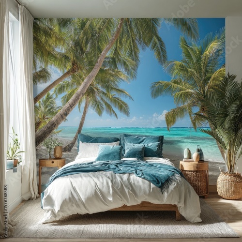 Tropical beach scene wall mural in bedroom