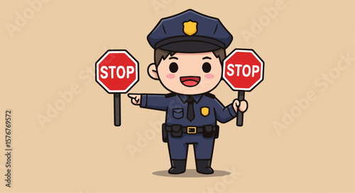Cute Cartoon Police Officer Character with Stop Sign