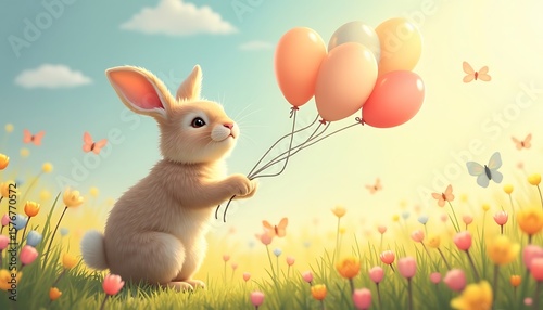 Bunny Holding Balloons in Flower Field Under Sunny Sky
