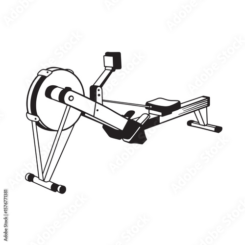 Black and white illustration of a modern indoor rowing machine for fitness and exercise