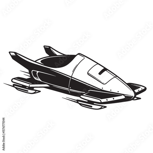 Black and white illustration of a sleek bobsled design representing speed and racing