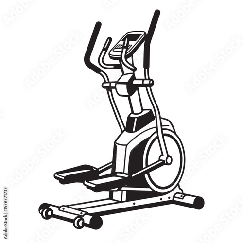 Black and white illustration of an elliptical trainer exercise fitness equipment