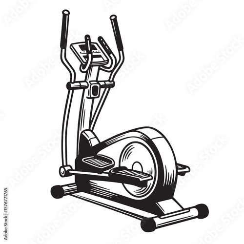 Black and white illustration of an elliptical trainer exercise machine for fitness and health
