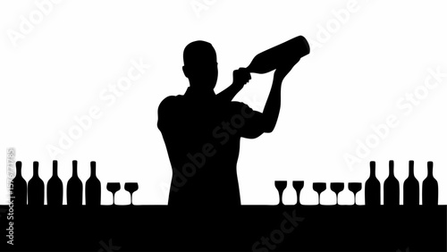 Silhouette of bartender mixing drink with bottles and glasses on bar in black and white illustration
