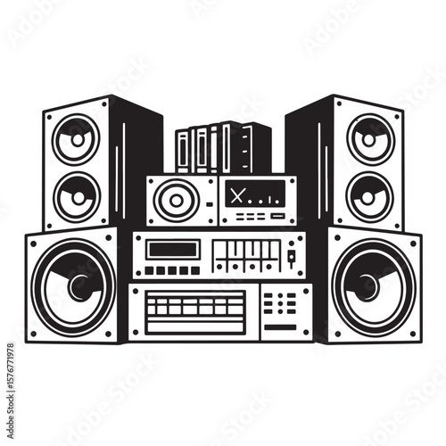 Black and white vector illustration of a retro stereo sound system with speakers