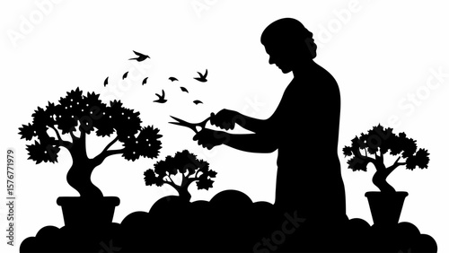 Silhouette of person trimming bonsai trees with birds flying around in a serene garden setting image art