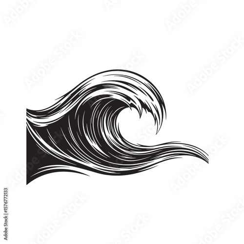 Bold black and white vector illustration of a surging ocean wave in high detail