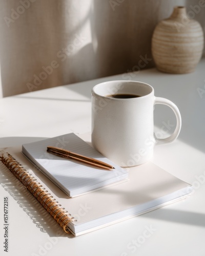 Minimal white desk with a laptop, ceramic coffee mug, and pen creating a clean and productive workspace.