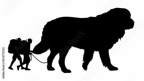 Silhouette of two hikers leading a large dog with a rope on a white background in a simple illustration