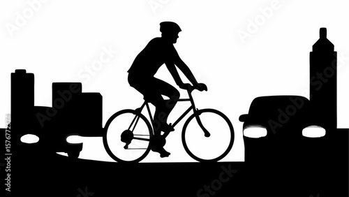 Silhouette of cyclist riding bicycle on road with cars and buildings in the background in black and white