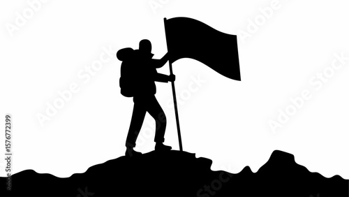 Silhouette of a hiker with a backpack standing on a mountain peak holding a flag on a white background