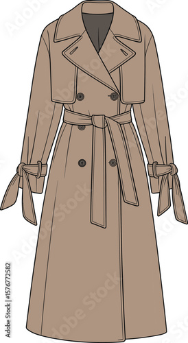 cad drawing flat vector illustration, classic long trench coat with belt tie waist, double-breasted front, button details, stylish outerwear design
