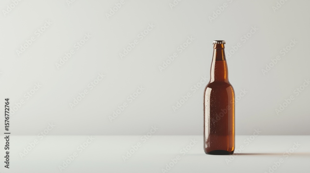 A single brown glass beer bottle with condensation on its surface, standing upright on a white surface with a plain background. A single brown glass beer bottle with condensation on its surface, standing upright on a white surface with a plain background.
